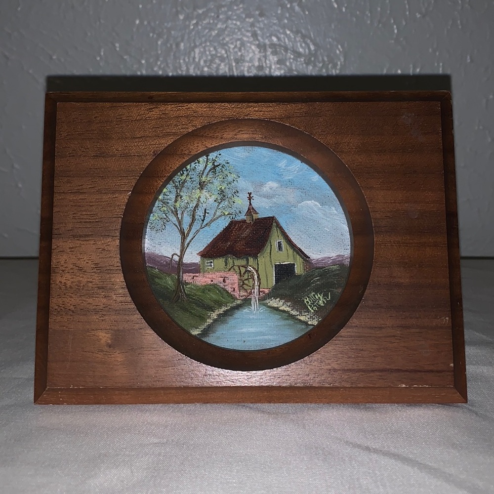 Vintage 1960-1970 miniature painting of a waterwheel house in solid wooden frame